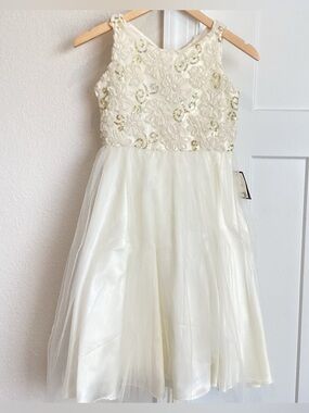 Child's Petite Adele Sequin Embellished Tulle Dress Ivory Cream